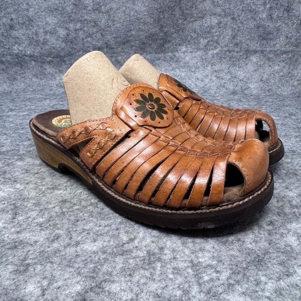 Vtg y2k Woven Boho Caged Huarache Mules Clogs Womens Sz 6.5 Leather Hippie Shoes